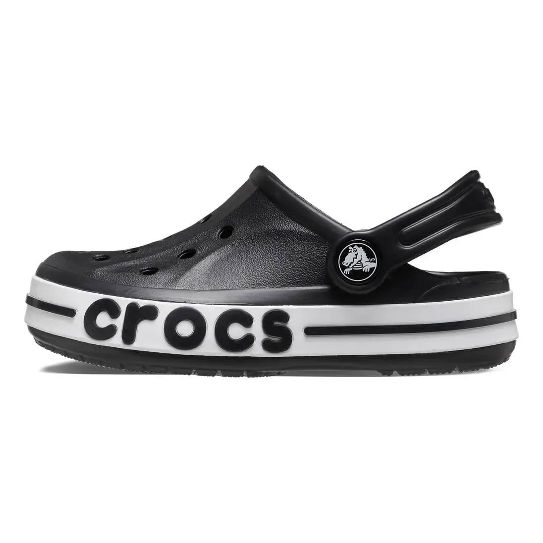 Babuche infantil preto Crocs visto de frente com sola branca e detalhes em relevo